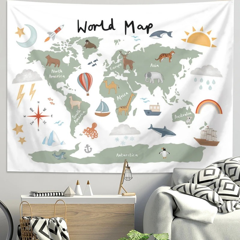 Cartoon World Map Animal Tapes - Kids Education Background ulasan dan harga